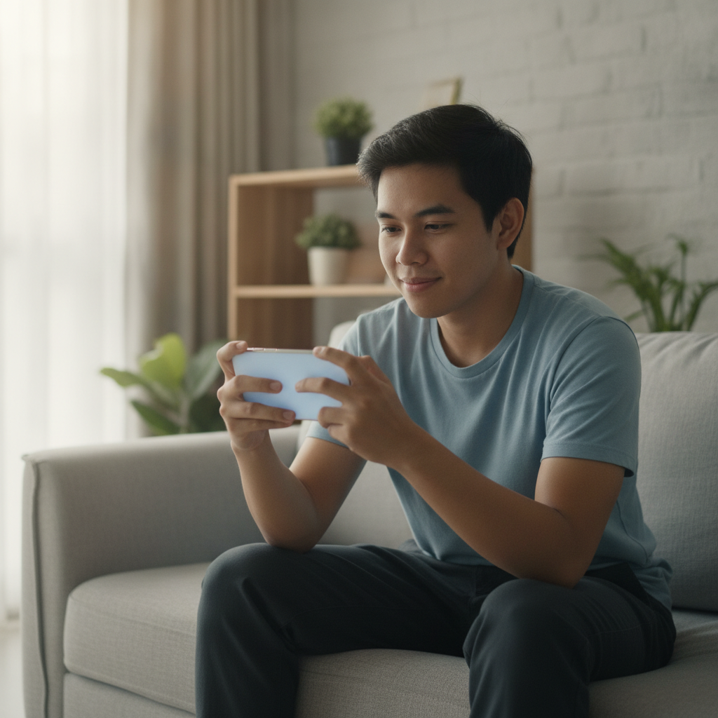Filipino player holding smartphone ready to register and play online casino games